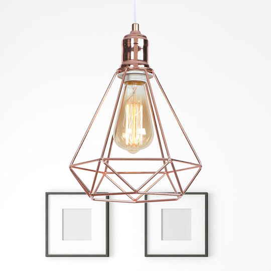 Rose Gold Caged Pendant Ceiling Light For Coffee Shops - Industrial Design With Diamond Shape And 1