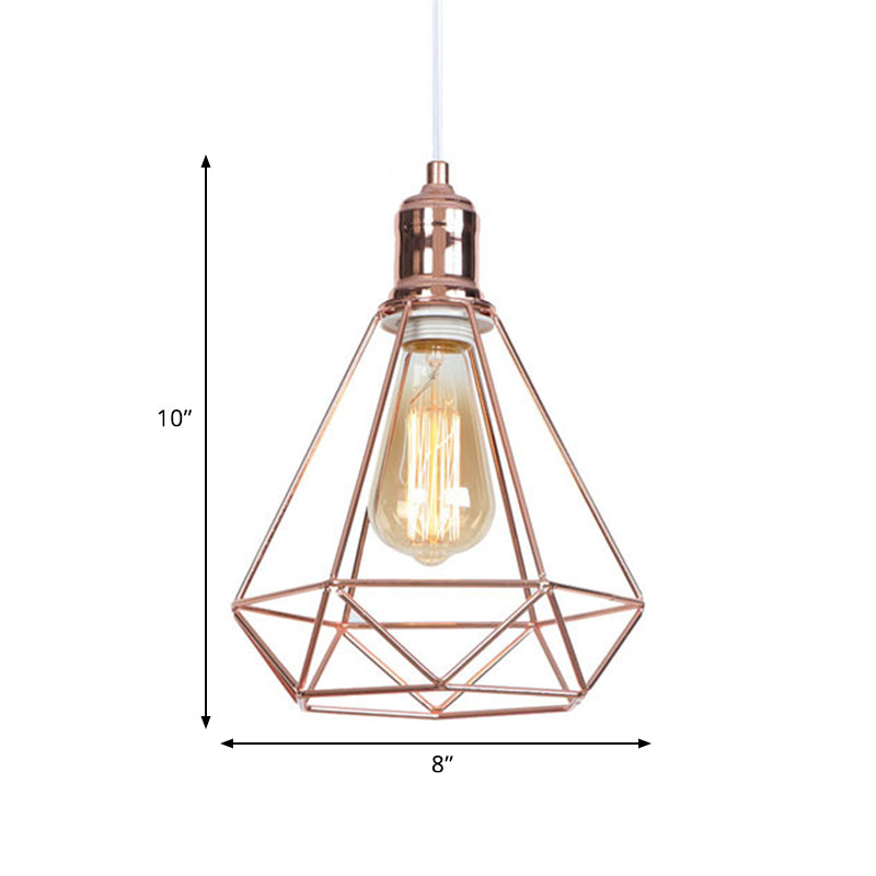 Rose Gold Caged Pendant Ceiling Light For Coffee Shops - Industrial Design With Diamond Shape And 1