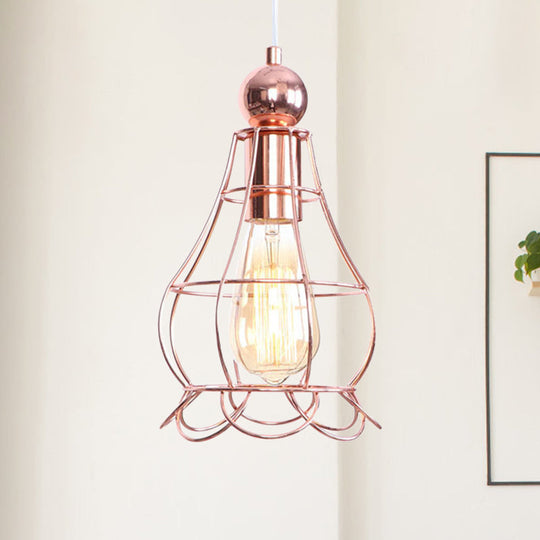 Rose Gold Caged Pendant Lamp - Loft Style Hanging Light with Adjustable Cord