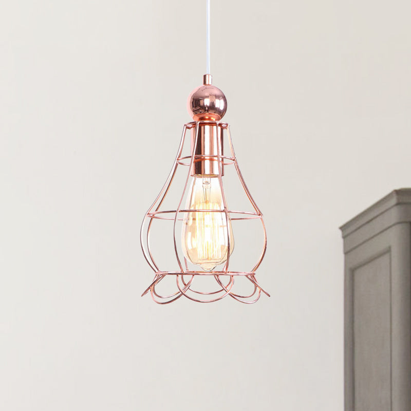 Rose Gold Caged Pendant Lamp - Loft Style Hanging Light with Adjustable Cord