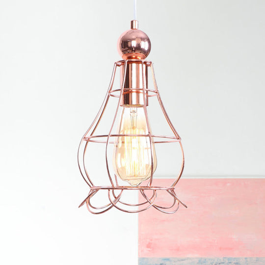 Rose Gold Caged Pendant Lamp - Loft Style Hanging Light with Adjustable Cord