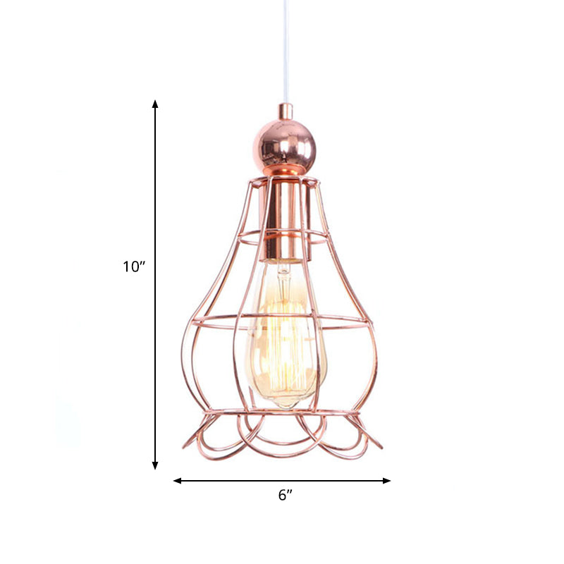 Rose Gold Caged Pendant Lamp - Loft Style Hanging Light with Adjustable Cord