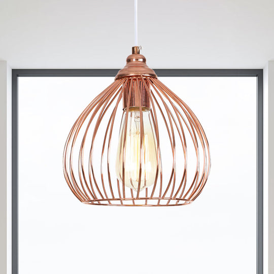 Rose Gold Gourd Pendant Light With Wire Guard - Industrial Single Hanging Ceiling Lamp