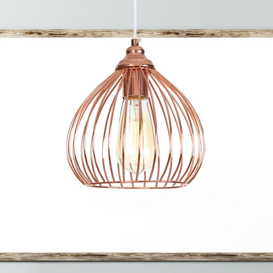 Industrial Rose Gold Gourd Pendant Light with Wire Guard - Single Hanging Ceiling Light