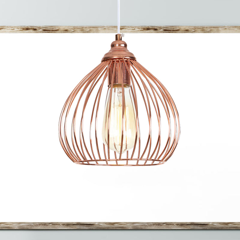 Rose Gold Gourd Pendant Light With Wire Guard - Industrial Single Hanging Ceiling Lamp