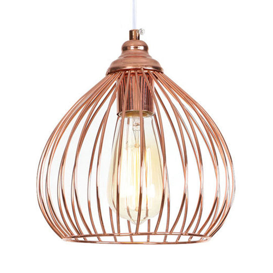 Rose Gold Gourd Pendant Light With Wire Guard - Industrial Single Hanging Ceiling Lamp