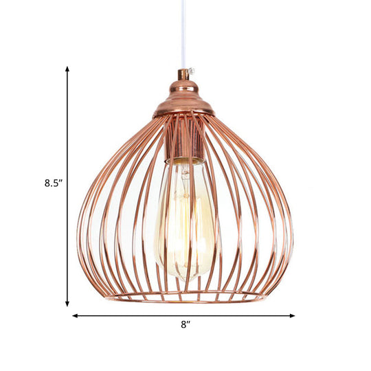 Rose Gold Gourd Pendant Light With Wire Guard - Industrial Single Hanging Ceiling Lamp