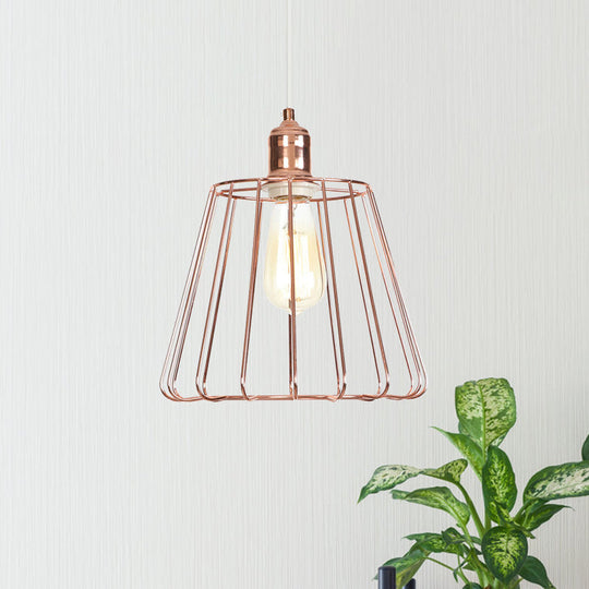 Modern Tapered Pendant Lighting: Rose Gold Metal Cage 1-Light Drop Ceiling Fixture