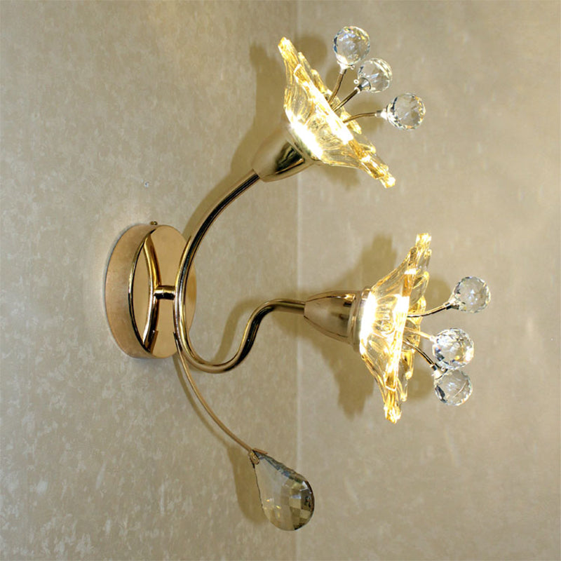 Clear Crystal Glass Gold Wall Lamp With Daisy Shade - Traditional Sconce Light For Bedside 2 Bulbs