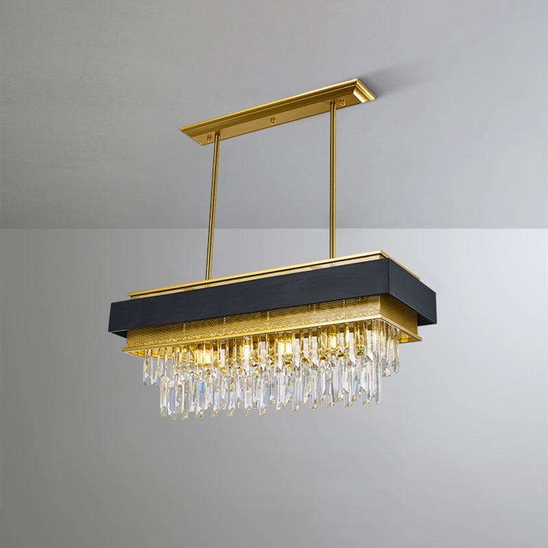 Modern Black/Gold 5-Head Rectangular Hanging Light With Clear Crystal Prisms - Island Lamp