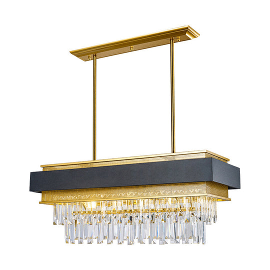 Modern Black/Gold 5-Head Rectangular Hanging Light With Clear Crystal Prisms - Island Lamp