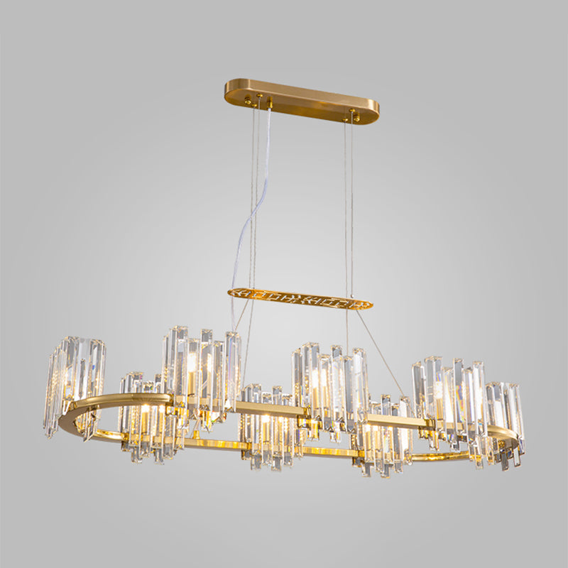 Modern Gold Ceiling Pendant Lamp With Clear Crystal Icicle Shade 8 Bulbs Oval Design