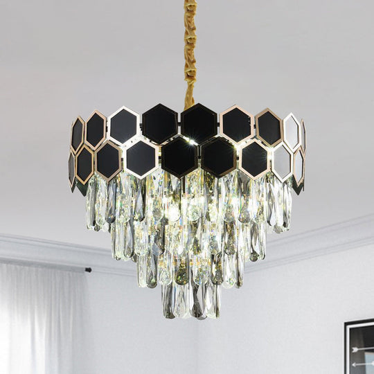 Contemporary Tapered Chandelier Lamp with 9 Bulbs, Black Finish & Clear Glass Drops