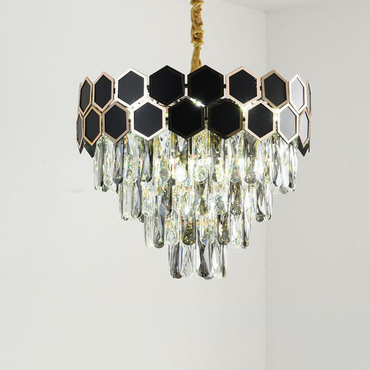 Contemporary Tapered Chandelier Lamp with 9 Bulbs, Black Finish & Clear Glass Drops