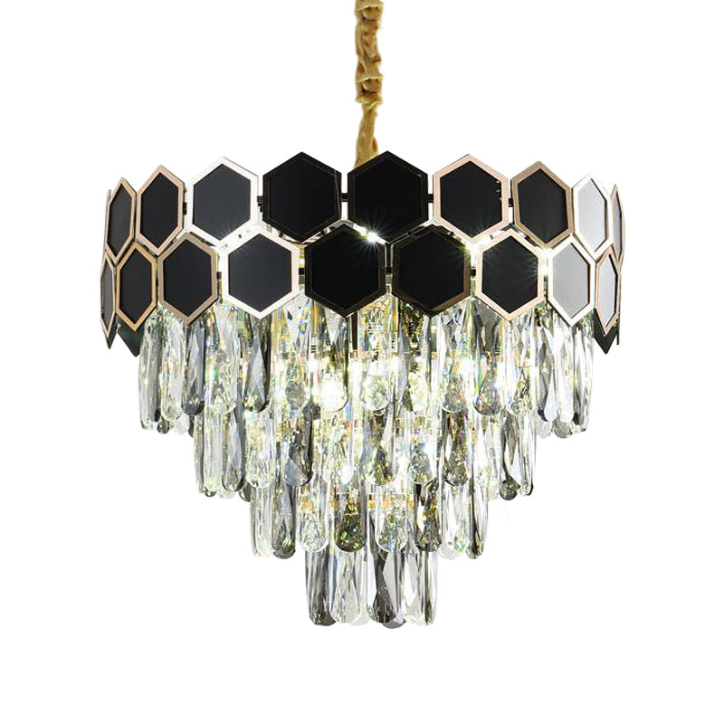 Contemporary Black Finish Chandelier With Clear Glass Drops & 9 Bulbs