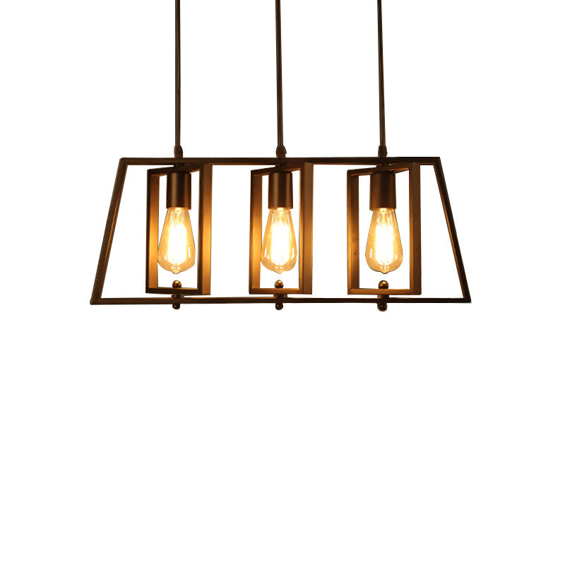 Farmhouse Trapezoid Frame Island Pendant Light - 3-Light Metallic Chandelier In Black