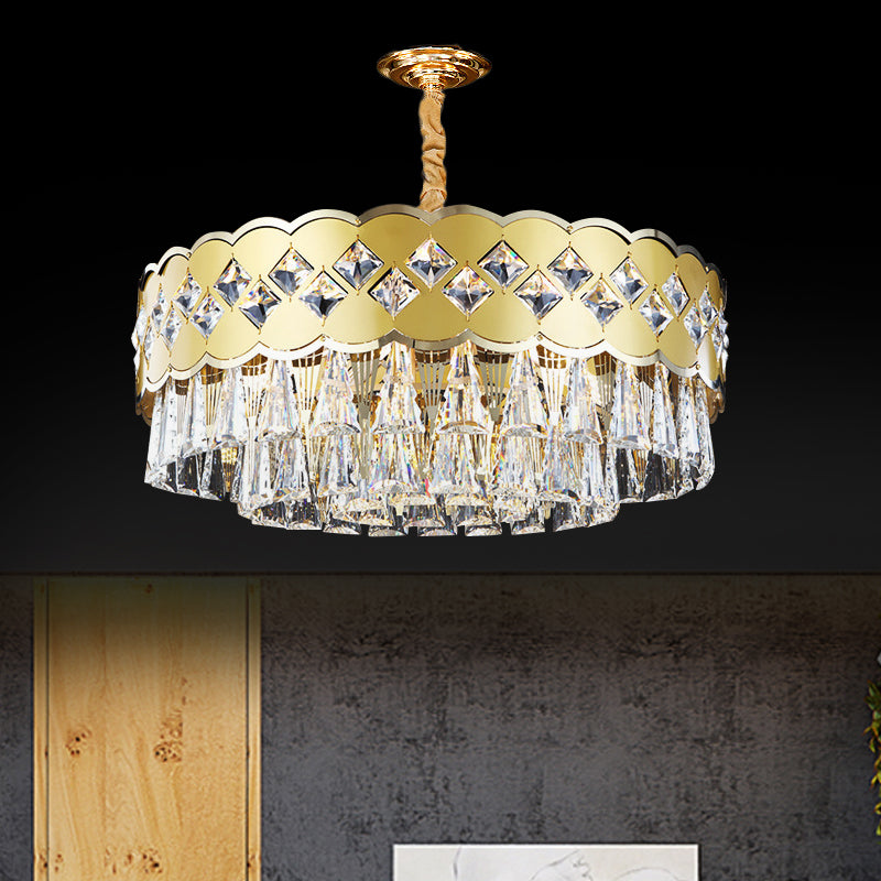 Modern 9-Head Drum Chandelier with Gold Finish, Clear Crystal Drops - Great Room Pendant Lighting, 19.5"/23.5" Width