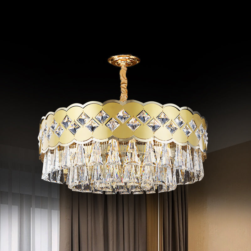 Modern 9-Head Drum Chandelier with Gold Finish, Clear Crystal Drops - Great Room Pendant Lighting, 19.5"/23.5" Width