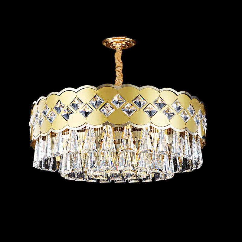 Modern 9-Head Drum Chandelier with Gold Finish, Clear Crystal Drops - Great Room Pendant Lighting, 19.5"/23.5" Width