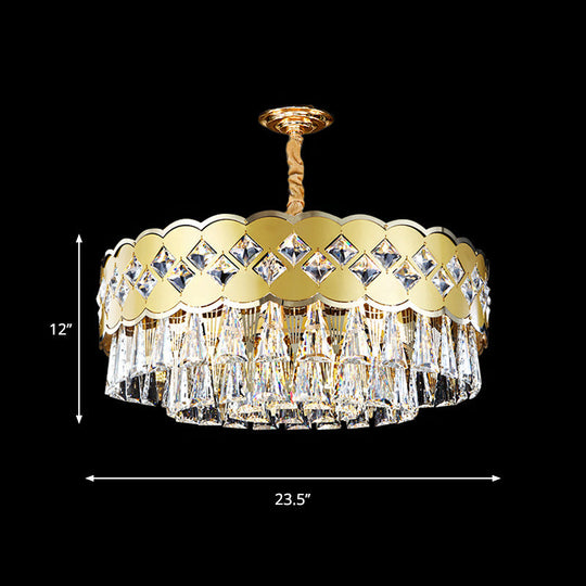 Modern Gold Finish Drum Chandelier With Clear Crystal Drops - 9 Heads Great Room Pendant Lighting