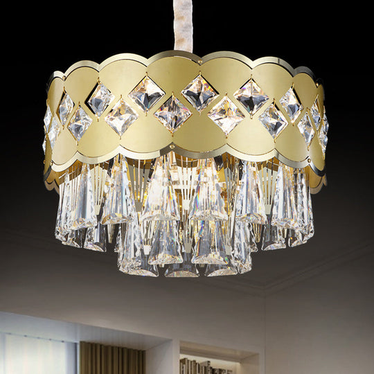 Modern 9-Head Drum Chandelier with Gold Finish, Clear Crystal Drops - Great Room Pendant Lighting, 19.5"/23.5" Width