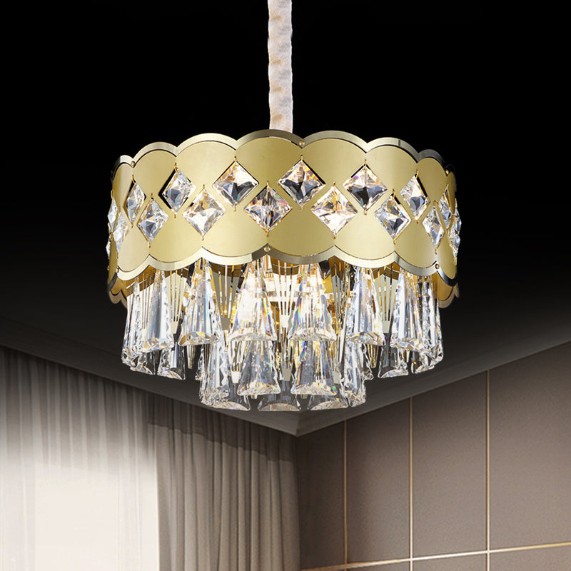 Modern 9-Head Drum Chandelier with Gold Finish, Clear Crystal Drops - Great Room Pendant Lighting, 19.5"/23.5" Width