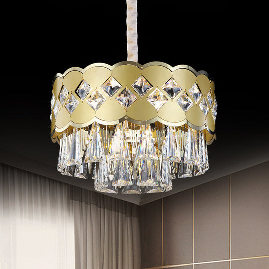 Modern Gold Finish Drum Chandelier With Clear Crystal Drops - 9 Heads Great Room Pendant Lighting