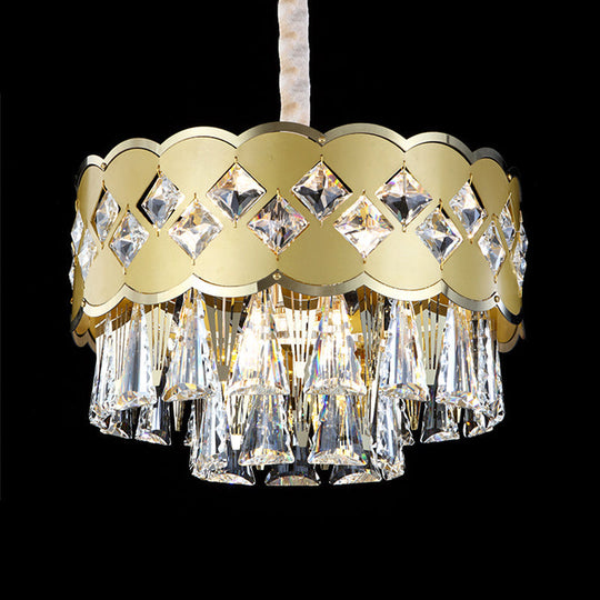 Modern 9-Head Drum Chandelier with Gold Finish, Clear Crystal Drops - Great Room Pendant Lighting, 19.5"/23.5" Width