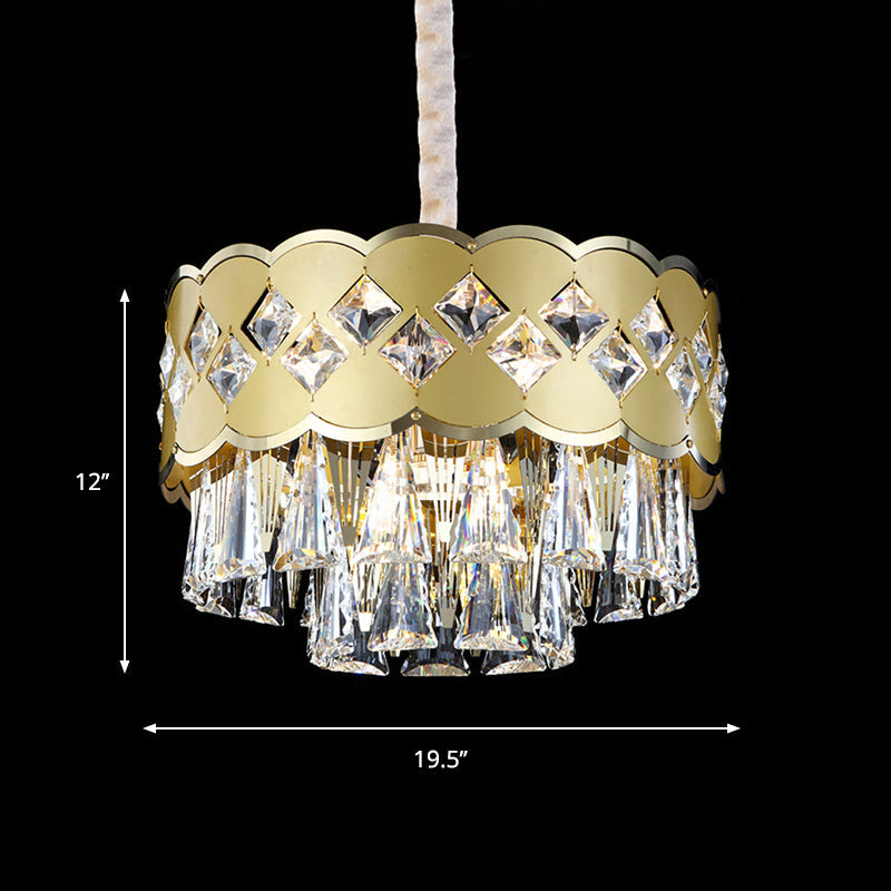 Modern 9-Head Drum Chandelier with Gold Finish, Clear Crystal Drops - Great Room Pendant Lighting, 19.5"/23.5" Width