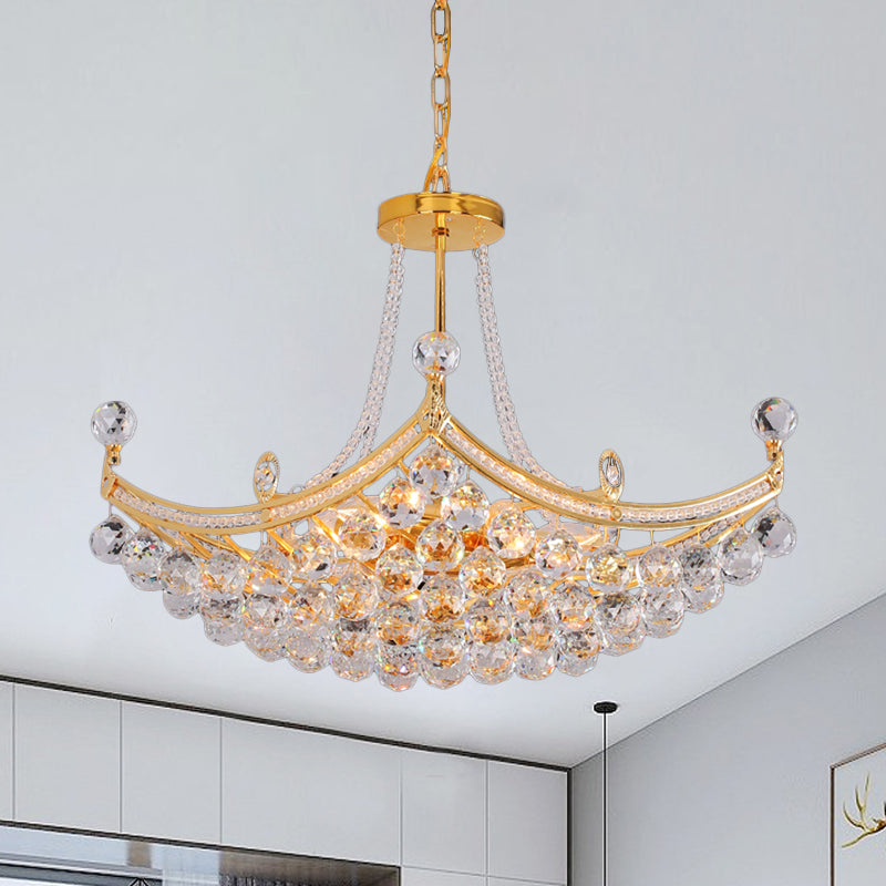 Contemporary Chrome/Gold Clear Crystal Balls Hanging Chandelier - 6-Bulb Cornice Frame Pendant Gold