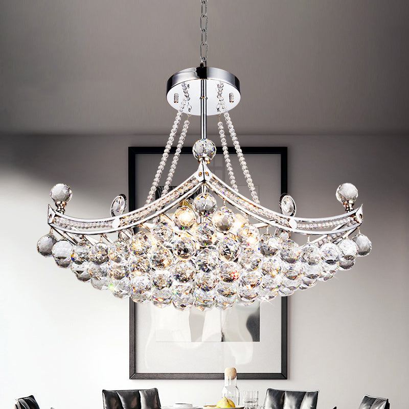 Contemporary Chrome/Gold Cornice Frame Pendant Chandelier with 6 Bulbs and Clear Crystal Balls