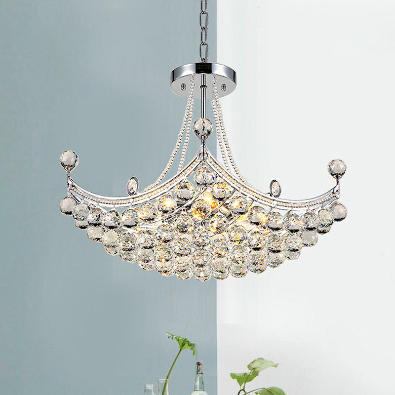 Contemporary Chrome/Gold Cornice Frame Pendant Chandelier with 6 Bulbs and Clear Crystal Balls