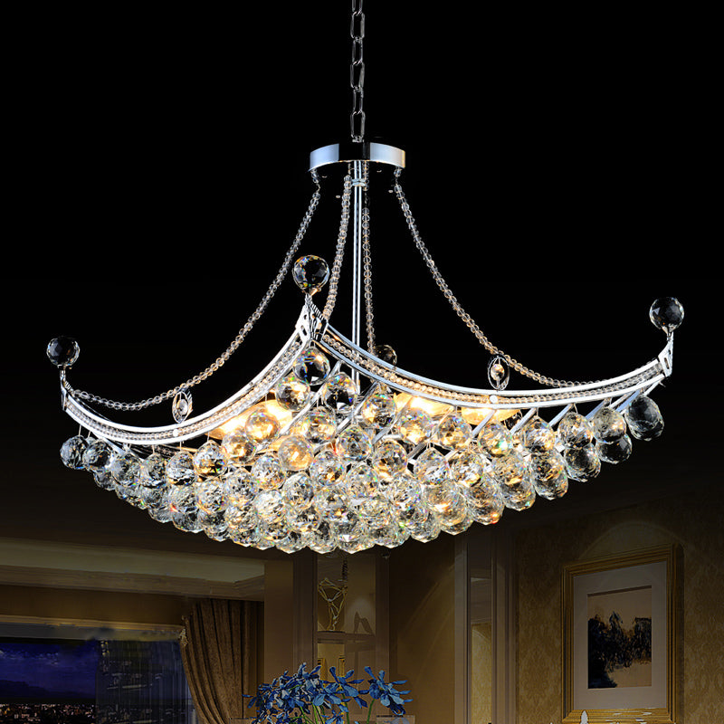 Contemporary Chrome/Gold Cornice Frame Pendant Chandelier with 6 Bulbs and Clear Crystal Balls