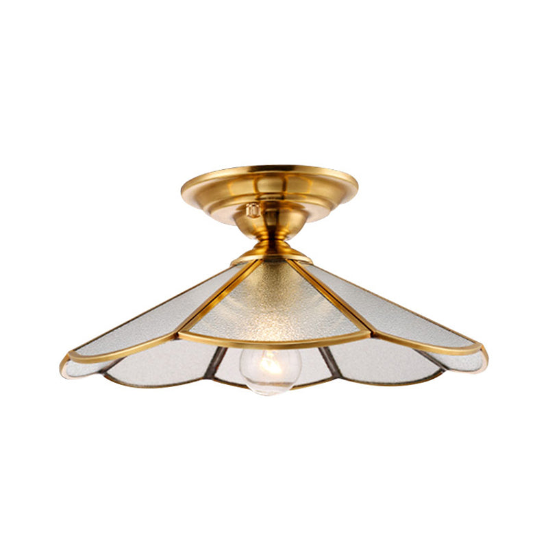 Industrial Brass Hammered Glass Semi Flush Ceiling Mount Light with Cone/Wide Flare Shade