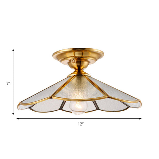 Industrial Brass Hammered Glass Semi Flush Ceiling Mount Light with Cone/Wide Flare Shade