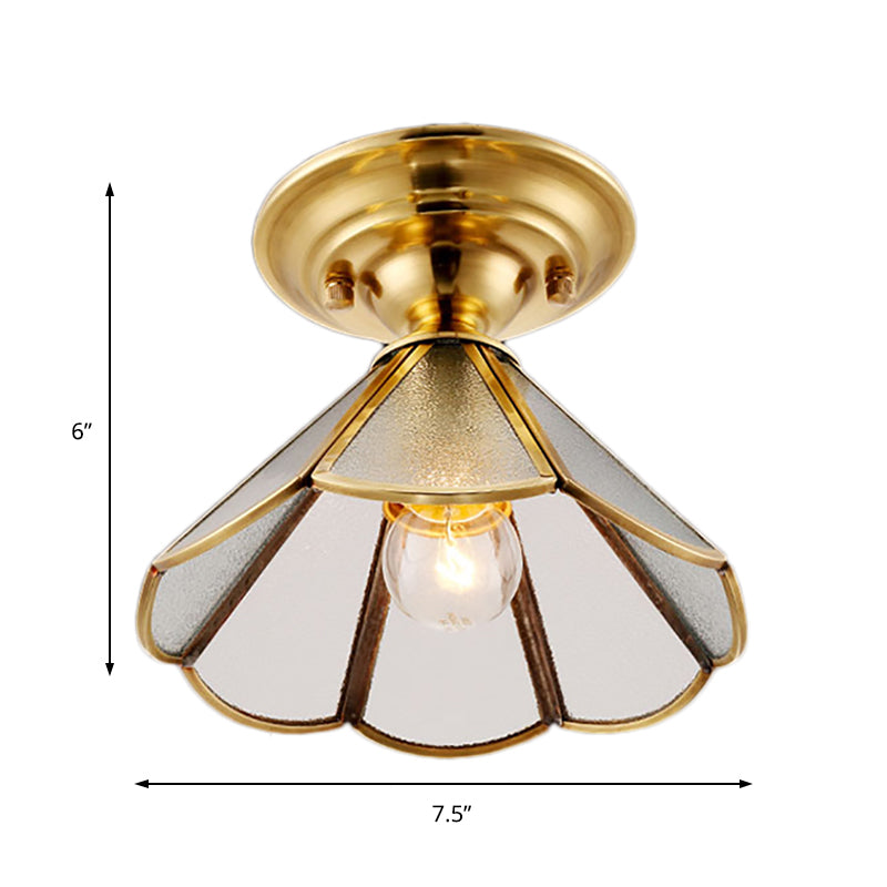 Industrial Brass Hammered Glass Semi Flush Ceiling Mount Light with Cone/Wide Flare Shade