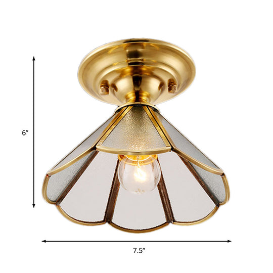 Industrial Brass Hammered Glass Semi Flush Ceiling Mount Light with Cone/Wide Flare Shade