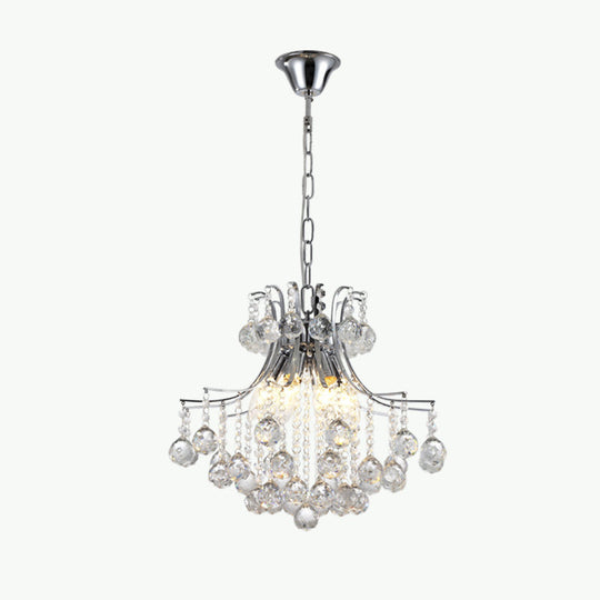 Contemporary 6-Head Pendant Chandelier: Swirled Arm Clear Crystal Orbs In Chrome