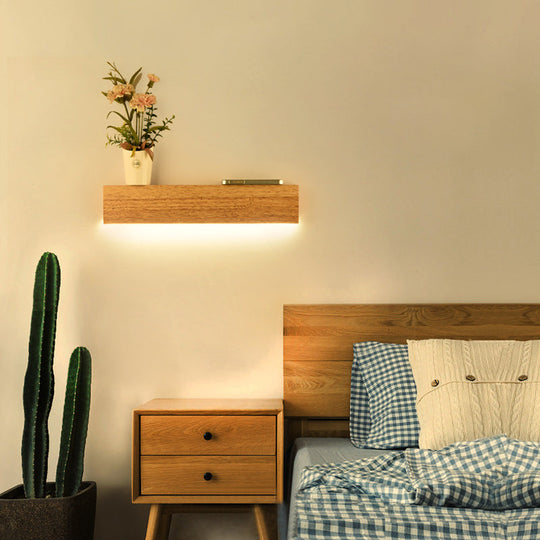 Modern Linear Wooden Wall Sconce Lamp - 1-Light Led Down Lighting Fixture For Bedroom