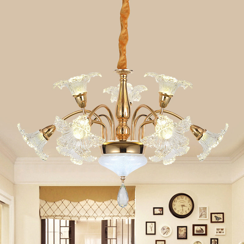 Gold 7/10 Bulbs Ceiling Light - Modern Clear Crystal Floral Shade Chandelier 10 /