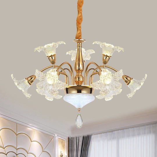 Gold 7/10 Bulbs Ceiling Light - Modern Clear Crystal Floral Shade Chandelier