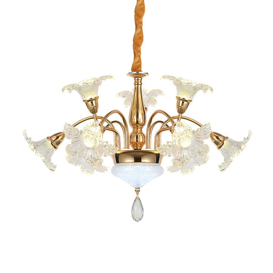 Gold 7/10 Bulbs Ceiling Light - Modern Clear Crystal Floral Shade Chandelier