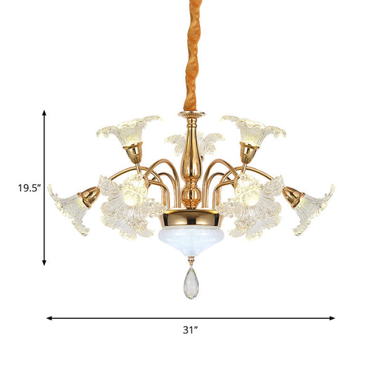 Gold 7/10 Bulbs Ceiling Light - Modern Clear Crystal Floral Shade Chandelier