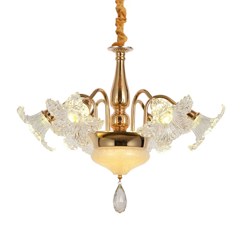 Gold 7/10 Bulbs Ceiling Light - Modern Clear Crystal Floral Shade Chandelier