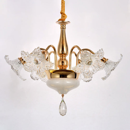 Gold 7/10 Bulbs Ceiling Light - Modern Clear Crystal Floral Shade Chandelier