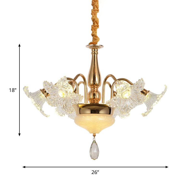 Gold 7/10 Bulbs Ceiling Light - Modern Clear Crystal Floral Shade Chandelier