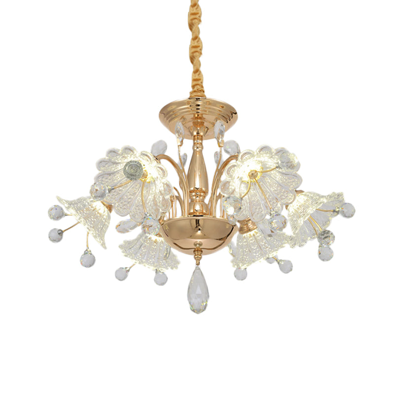 Modern Gold Finish Chandelier Lamp With Curved Arm Crystal Flower Shade - 6 Bulbs