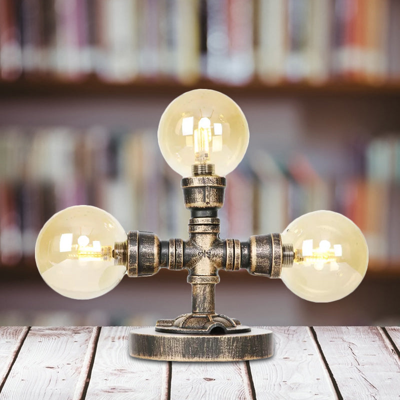 Antique Silver/Bronze Industrial Round Shade Desk Lamp - 2/3-Bulb Clear/Amber Glass Task Lighting