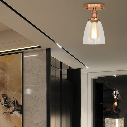 Industrial Clear Glass Conical Semi Flush Light For Foyer - Brass/Copper/Rust Ceiling Mount Fixture