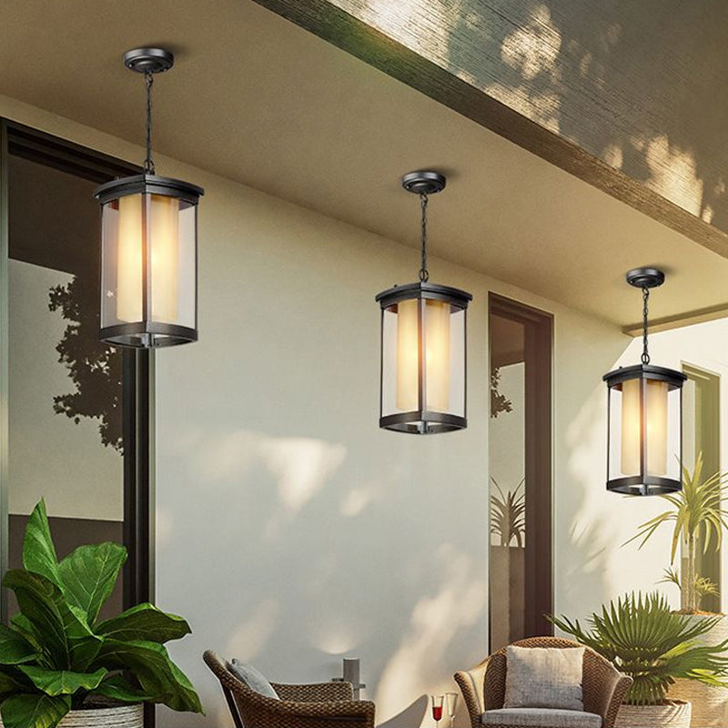 Black Outdoor Pendant Light with Double Glass Shade for Courtyard - 1 Light - Various Widths